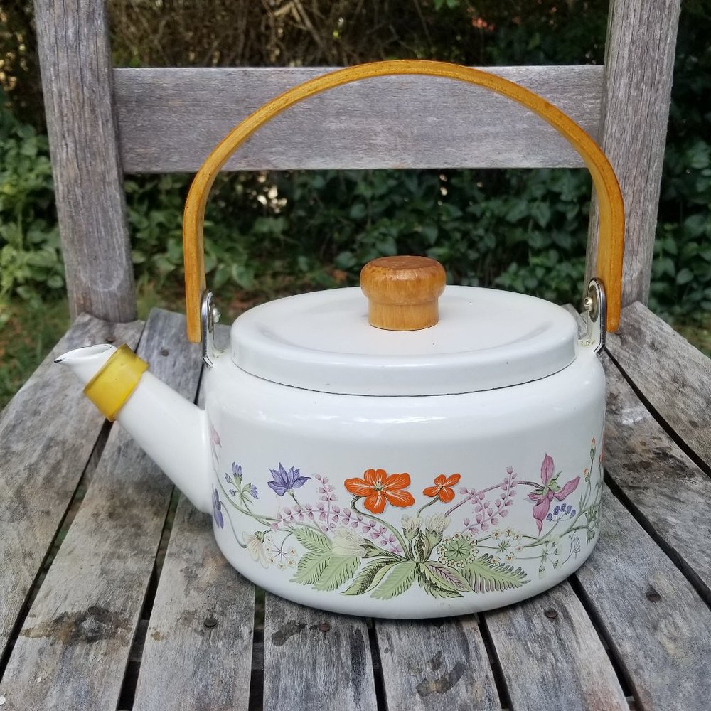 Vintage Enamel floral tea kettle with wooden handle